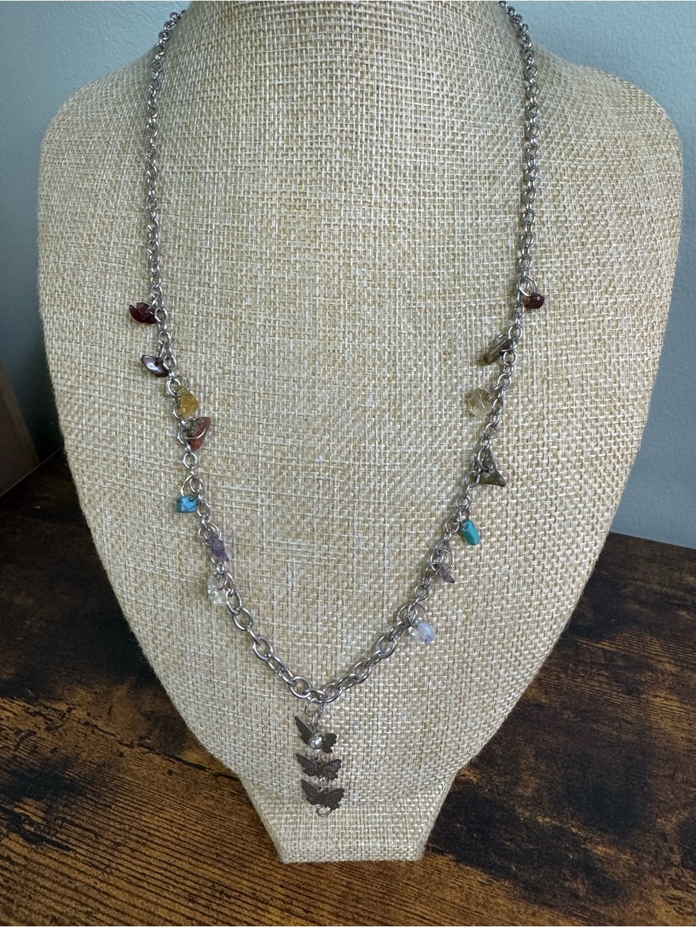 Butterfly and Quartz Chip Necklace in Silver Tone